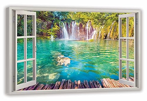 HUBDECO Leinwandbild Fensterblick Wasserfall Kroatien Bild 100x70 cm - Landschaftsbilder auf Leinwand - Wandbilder Wohnzimmer - Bild Fenster mit Ausblick - Aesthetic Room Decor - Wanddeko Schlafzimmer von HUBDECO