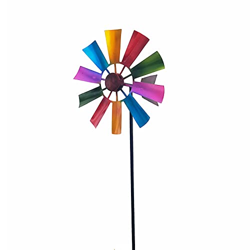HUIKJI Windrad aus Metall, Regenbogenfarben, 72,9 cm, für Garten, Dekoration, Windspiel mit bunten Klingen, Windskulptur für den Außenbereich, Rasendekoration von HUIKJI