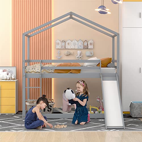 HUMNZR Kinderbett Etagenbett 90x200, Hochbett Kinder mit Rutsche, Stockbett Für 2 Kinder, Hausbett, Etagenbettrahmen, Spielbett, Jugendbett, Etagenbett, Massivholz von HUMNZR