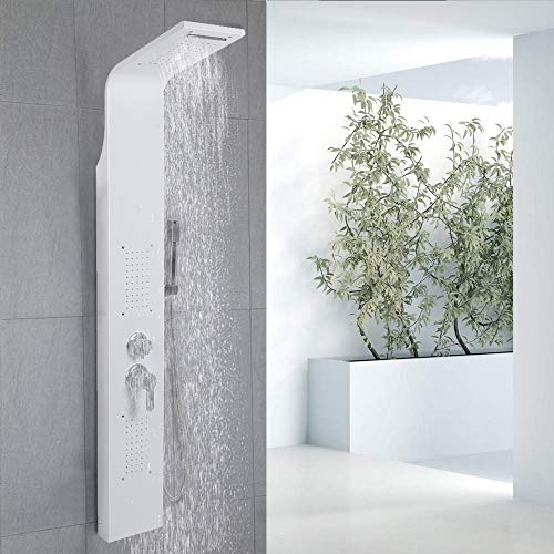 Duschpaneel Duschsystem Edelstahl Gebürstet Duscharmatur Duschset mit Regendusche, Massagedusche, Wasserfalldusche, Handbrause (20 x 7 x 140 cm (weiß)) von HUOLE