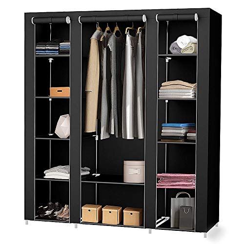 HUOLE Kleiderschrank mit Kleiderstangen, Innenschrank-Organizer, Schuhregal, Badezimmer-Eingangsschrank, Stoffschrank, Faltbarer Kleiderschrank, Stoffschrank, 175 * 150 * 45 cm, Schwarz von HUOLE