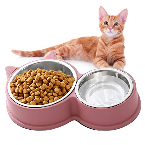 HUTVD Katzennäpfe Katzenschüssel Set, 30cm Edelstahl Doppel Napf, rutschfeste Katzennapf aus Edelstahl, Fressnapf Katze Wasserschale, Katzennapf erhöht Näpfe und Tränken für Haustier（Rosa） von HUTVD