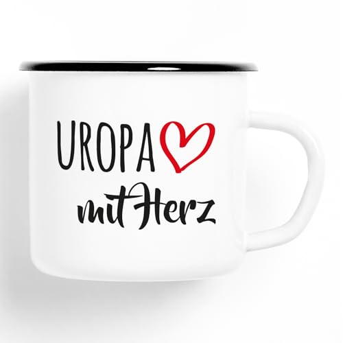 HUURAA! Emaille Tasse Uropa mit Herz 300ml Vintage Kaffeetasse mit Motiv für die tollsten Menschen von HUURAA