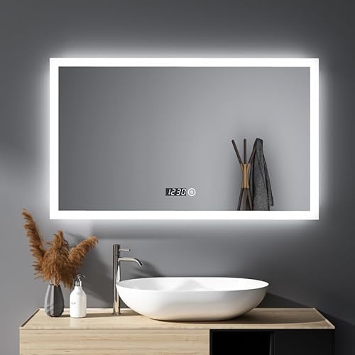 HY-RWML Badspiegel 100x60cm Badezimmerspiegel mit Beleuchtung Touch Schalter Uhr 3 Lichtfarbe Rechteckiger Wandspiegel Warmweißes Kaltweiß 6500K Energieklasse A++ für Badezimmer Wohnzimmer von HY-RWML