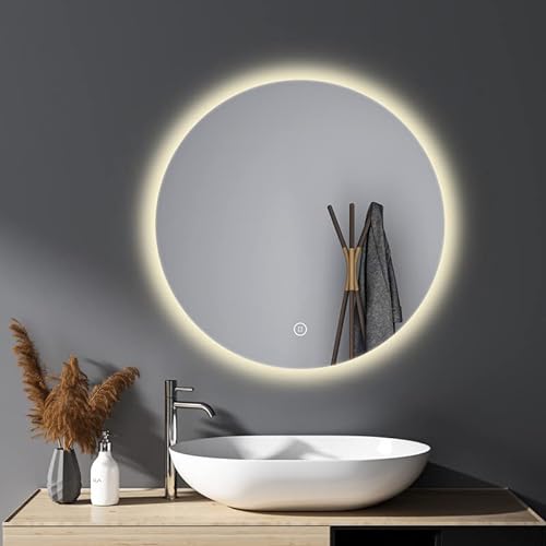 HY-RWML Spiegel Beleuchtung Rund 60cm Runder Wandspiegel Touch Schalter 3 Lichtfarbe LED Badspiegel Badezimmerspiegel Hintergrundbeleuchtung Warmweiß Kaltweiß Neutral 6500K energiesparend A++ von HY-RWML