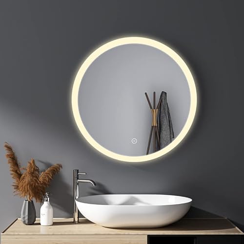 HY-RWML Spiegel Rund 60cm Runder Wandspiegel 3 Lichtfarbe mit Beleuchtung Touch Schalter LED Badspiegel Badezimmerspiegel Warmweiß Kaltweiß 6500K Neutral energiesparend A++ von HY-RWML