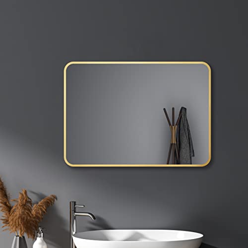 HY-RWML Wandspiegel Gold 60x80 cm Spiegel Rechteckiger groß Abgerundete Ecken Wandmontage Edelstahl Kosmetikspiegel für Badezimmer Wohnzimmer Glatte Spiegeloberfläche horizontaler vertikaler Einbau von HY-RWML