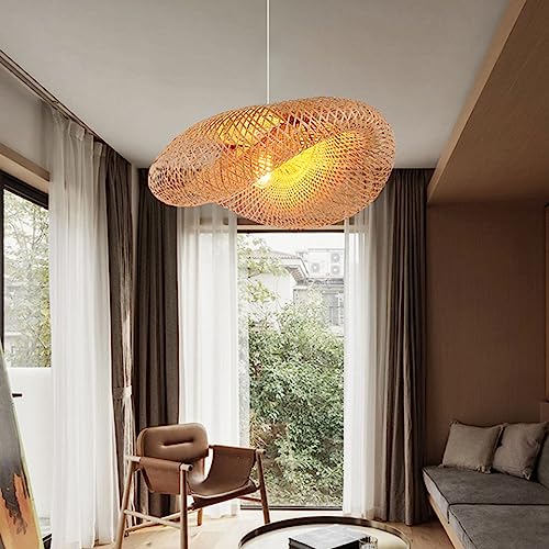 Natürliche Bambus Gewebte Pendelleuchte Ovale Kreative Handgewebte Lampenschirm Hängelampe E27 Höhe Verstellbare Kronleuchter Restaurant Schlafzimmer Wohnzimmer Dekoration Hängende Deckenlampe,D50CM von HYQJUNE