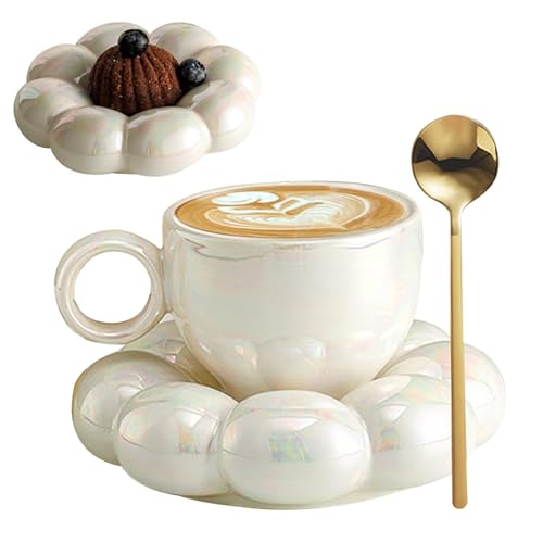 Kaffeetassen Becher Keramik Kaffeetasse mit Löffel Reise Sonnenblumen Cloud Tasse mit Untertasse 200 ml Nachmittag Tee Tasse für Latte, Cappuccino Weiß von Hajimia