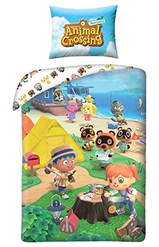 Halantex - AMC001 - Animal Crossing Campingfiguren Bettwäsche-Set für Einzelbett - mehrfarbig - 100% Baumwolle - 140 x 200 cm + 70 x 90 cm von Halantex