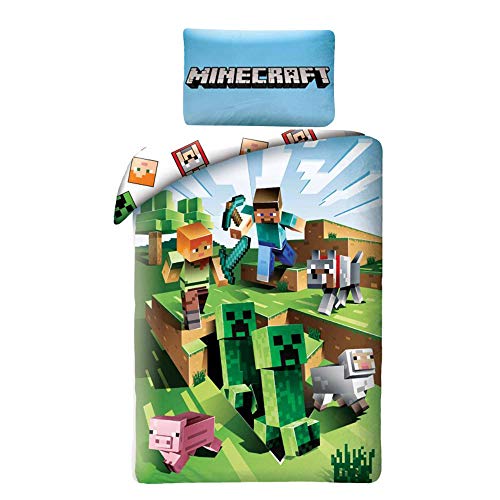Halantex Minecraft Bettwäsche-Set, Motiv: Kaktus, Baumwolle, Bettbezug 140 x 200 cm und Kissenbezug 50 x 75 cm von Halantex