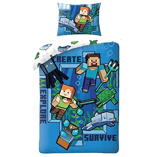 Minecraft Steve Alex Zombie Bettwäsche Kinderbettwäsche 2 TLG Set: Bettbezug 140x200 + 1 Kissenbezug, Blau MNC-248BL, Öko-Tex von Halantex