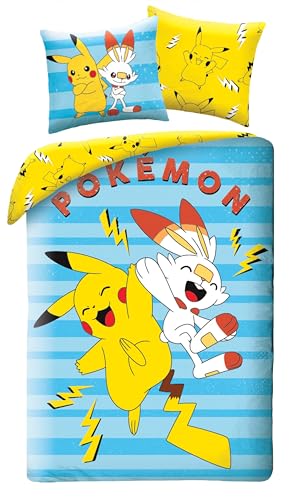 Pokemon Pikachu und Scorbunny – Bettbezug 140 x 200 cm und Kissenbezug 70 x 90 cm – 100% Baumwolle – Mehrfarbig von Halantex