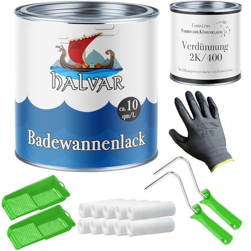 Halvar 2K Badewannenlack im Set - Badewannenbeschichtung inkl. Farbroller, Handschuhe & Entfetter - Badewanne streichen mit Emaille Lack (2,5 L, Beige) von Halvar
