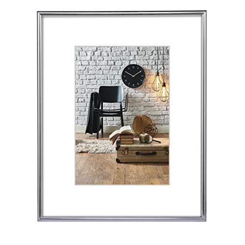 Hama Bilderrahmen Sevilla DIN A3 (29,7x42 cm) (Fotorahmen mit Papier-Passepartout 18x24 cm, Rahmen aus bruchsicherem Kunststoff Glas zum Aufhängen) silber matt von Hama