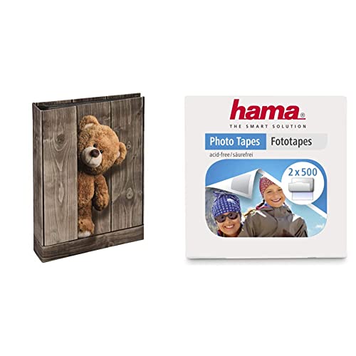 Hama Kinder-Fotoalbum (Einsteckalbum zum Einstecken von 200 Fotos im Format 10x15, Fotobuch mit 100 schwarzen Seiten, Teddy-Bär Motiv) braun & Fototapes 1.000 Stück (2 x 500 Fotokleber, eckig) weiß von Hama