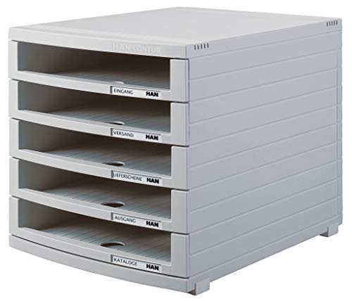 HAN Schubladenbox CONTUR mit 5 hohen offenen Schubladen bis Format B4, Auszugsperre, Beschriftungsschilder, Gummifüße, modular erweiterbares Schubladensystem, 1505-0-11, lichtgrau von HAN