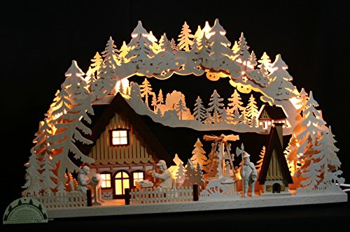 3D LED Schwibbogen 72cm mit Räucherhaus und elektrischer Pyramide Handarbeit aus dem Erzgebirge von Handwerkskunst / Handarbeit aus dem Erzgebirge