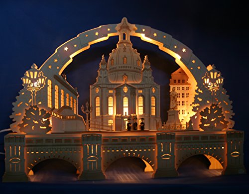 Exclusiver 3D Schwibbogen Dresden Frauenkirche 72cm + Unterbank Augustusbrücke Handarbeit aus dem Erzgebirge von Handwerkskunst / Handarbeit aus dem Erzgebirge