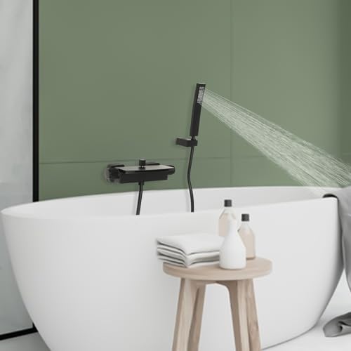 Badewannenarmatur Wasserfall Wasserhahn Bad Messing Badewanne wandmontiert Badewanne Wasserhahn Einhebelmischer für Bad Dusche, mit 1,5 m 304 Edelstahlschlauch 14 cm breit Wasserfall Auslauf (Schwarz) von Hanmorfarbi