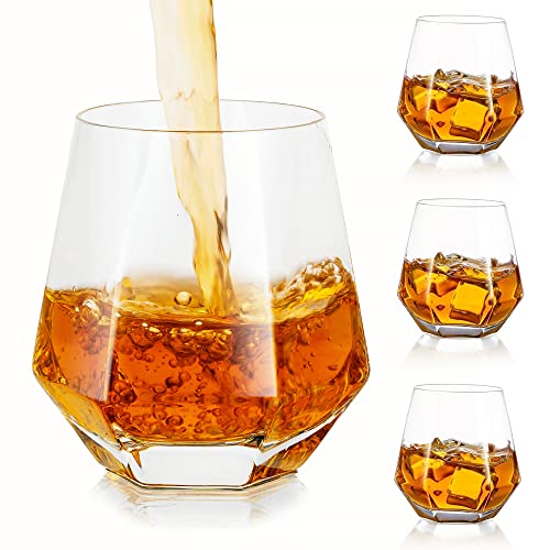 Hanobe Wiskey-gläser Whiskygläser Whisky Glas: Einzigartige Geometrische Gekippt Whiskey Glas 4er Kristallglas Diamond Whyskiglaser Old Fashion Wisky-gläser Set 10oz Whiskeygläser Klar Wisky-gläser von Hanobe