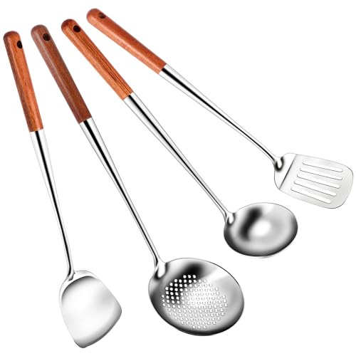 Happysnow Langer Rostfreier Stahl Wok Spachtel KüChe Schlitz Wender SchöPfen Kelle Kochen Werkzeuge Utensilien Set von Happysnow