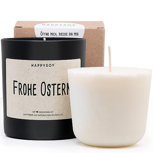 Duftkerze + Refill Wachs - Frohe Ostern Duftkerze im Glas mit Spruch aus Soja - natürlich handgefertigt vegan - kleines Geschenk Geschenkidee beste Freundin Freund Mama Papa Kollege Kollegin Oma Opa von Happysoy