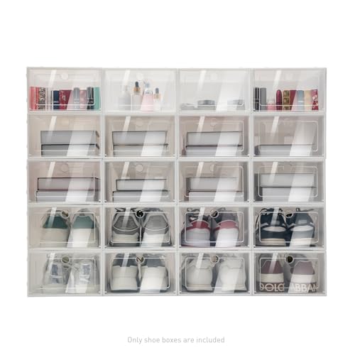 HaroldDol Schuhboxen, 20 Stück Transparent Stapelbar Schuhkarton mit Deckel, Schuhaufbewahrung für 31cm (Weiß) von HaroldDol