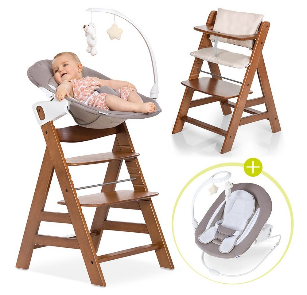 Hauck Hochstuhl Alpha Plus Walnut - Newborn Set (Set, 4 St), Holz Babystuhl ab Geburt inkl. Aufsatz für Neugeborene & Sitzauflage von Hauck