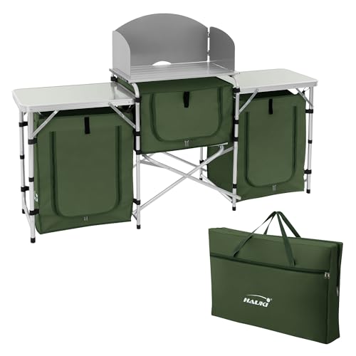 Hauki Camping Küche, Khaki, Campingschrank faltbar mit Tragetasche, Reiseküche mit Windschutz, Küchenschrank mit Arbeitsplatte, Staufächern, Alu Outdoorküche, Küchenbox klappbar, Zeltschrank tragbar von Hauki