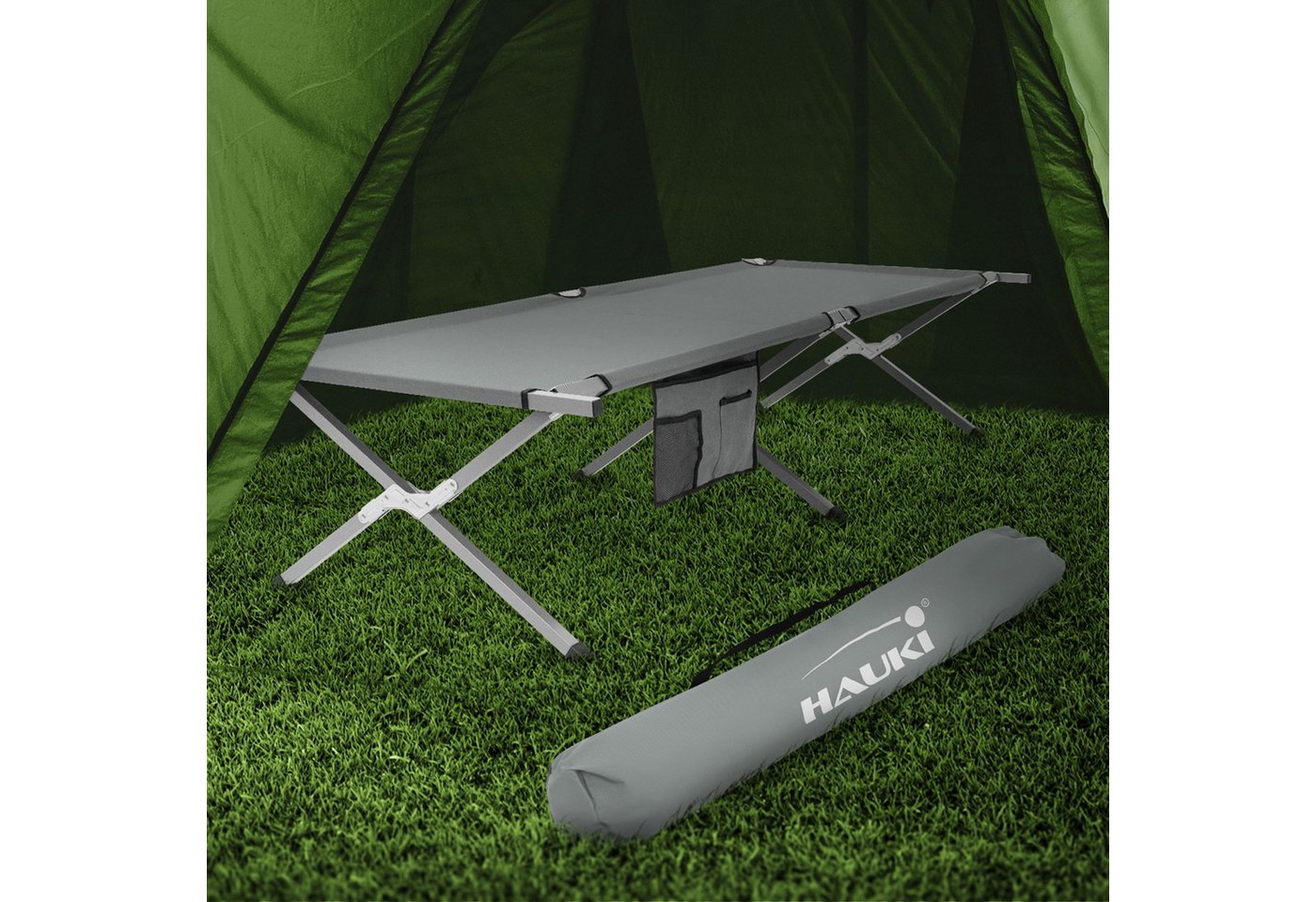 Hauki Feldbett Campingbett klappbar mit Tragetasche Belastbarkeit bis 150 kg Gästebett 210x83x46 cm Grau XL Klappbett für Reisen Metallrohr von Hauki