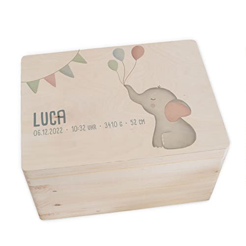 HELLOMINI Personalisierte Erinnerungsbox Baby - Erinnerungskiste mit Namen aus Holz - Holzkiste mit Deckel zur Geburt für Mädchen & Jungen - Babygeschenke Aquarell Motiv (40x30x23cm, Elefant) von HeLLo mini