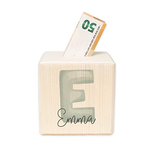 Personalisierte Spardose Buchstabe Mint für Kinder - Aus Holz - 10x10 cm Geburt, Geburtstag, Einschulung, Taufe - Sparschwein Aquarell Motiv für Jungen & Mädchen hellomini von HeLLo mini