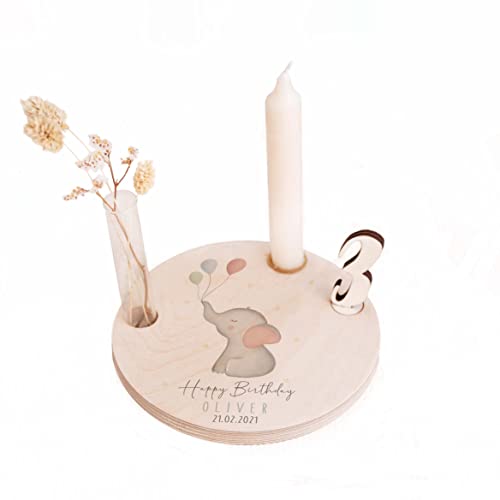 Personalisierter Geburtstagsteller aus Holz mit Kerzenhalter, Vase & Zahlen - Geburtstagsdeko mit Gravur - 1. Geburtstag Kinder Geschenk - Geburtstagstisch - ⌀16 cm x 12mm Höhe - hellomini (Elefant) von HeLLo mini