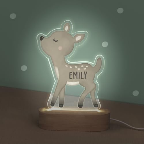 Personalisiertes Nachtlicht LED aus Acrylglas mit Holzsockel, Kinder Lampe mit USB Anschluss, Geschenk für Mädchen und Jungen, Schlummerlicht Wunschform, hellomini (Reh, mit USB-Stecker) von HeLLo mini