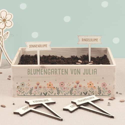 Personalisiertes Saatgut Anzuchtset für Kinder, Mini Gärtner Starter Kit, Garten Holzkiste, Gemüsegarten für Kinder, Kräutergarten, Blumengarten (Blumengarten, L (40x30x14cm)) von HeLLo mini