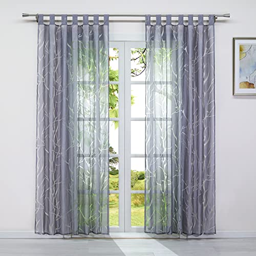 HeichkelL Transparente Ausbrenner Gardine 1 Stück Voile Fenster Vorhang Modern Gardinenschals mit Schlaufen für Wohnzimmer Baumäste Muster Grau BxH 140x175 cm von HeichkelL