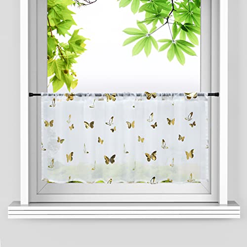 HeichkelL Voile Scheibengardine Bistrogardine Gold Glänzende Kurzstores mit Tunnelzug Kleinfenster Vorhang Küche Schmetterlinge-Dekomuster Weiß HxB 30x120 cm von HeichkelL
