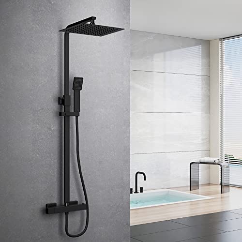 Heilmetz® Duschsystem mit Thermostat Dusche Regendusche Set Schwarz, Regendusche mit Thermostat Duschsäule Kopfbrause Handbrause HöHenverstellbar 800-1180mm Duschstange Eckig 20x20cm Duschkopf von Heilmetz