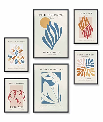 Heimlich® Premium Poster Set mit Bilderrahmen Aluminium Schwarz | 2 x DIN A3 & 4 x DIN A4 - ca. 30x42 & 21x30 | Stilvolle Poster Collagen mit passenden Bilder als Wanddeko » Abstrakt Matisse Modern « von Heimlich