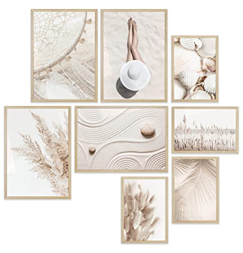 Heimlich® Premium Poster Set mit Bilderrahmen Holz Eiche | 4 x DIN A3 & 4 x DIN A4 - ca. 30x42 & 21x30 | Stilvolle Poster Collagen mit modernen Bilder als Wanddeko |» Sand und Meer « von Heimlich