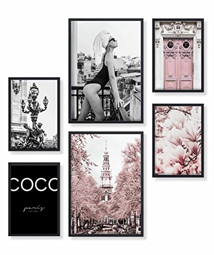 Heimlich® Premium Poster Set mit Bilderrahmen Holz Schwarz | 2 x DIN A3 & 4 x DIN A4 - ca. 30x42 & 21x30 | Stilvolle Poster Collagen mit passenden Bilder als Wanddeko » Pinke Mode « von Heimlich