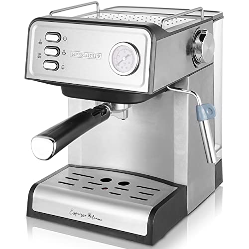 HEINRICHS Espressomaschine, Barista Siebträgermaschine mit 850W, 20 Bar Druck, Kaffeemaschine mit Milchaufschäumer, Doppelauslauf, abnehmbares Tropfgitter, 1.6 L Wassertank, Warmhalteplatte (Button) von Heinrich´s
