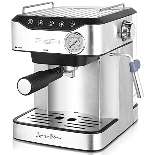 HEINRICHS Espressomaschine, Barista Siebträgermaschine mit 850W, 20 Bar Druck, Kaffeemaschine mit Milchaufschäumerstab, Doppelauslauf, abnehmbares Tropfgitter, 1.6Liter Wassertank, LED-Touch-Display von Heinrich´s