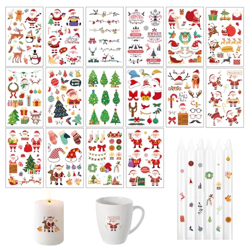 Kerzentattoos Weihnachten, 16 Bögen Kerzentattoos Bunt Wasserschiebefolie Kerzen Tattoo Folie Kerzenaufkleber Sticker kerzenfolie Für DIY Tasse Kerze Weihnachten Geschenk Für Kerzen/Keramik (C) von Hekasvm