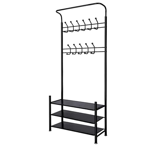 Hengsong Garderobenständer,mit Schuhregal,Kleiderstange,&,Kleiderhaken,Garderobe,Coat Stand metall,Schwarz,ca.82 x 30 x 190cm von Hengsong