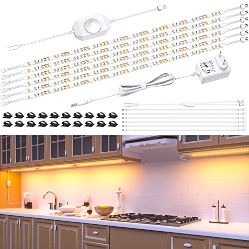 Hensam LED Unterbauleuchte Küche,6 * 50cm Unterschrank Beleuchtung Küche,180 LEDs,Dimmbar Led Streifen Warmweiss,Schranklicht,Lichtleiste mit Schalter,LED Strip DIY,12V Adapter,3000K,1500lum,Warmweiß von Hensam
