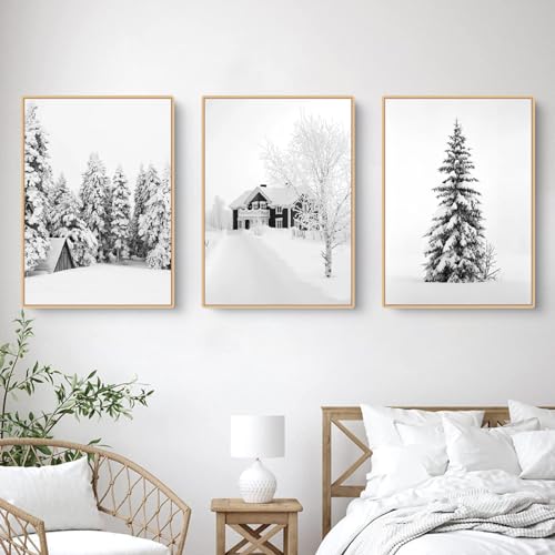 3er Poster Set, Winter Weiße Kiefer Holzhaus Wandkunst Wandbilder Wohnzimmer Bilder, Moderne Leinwandbilder Wandposter, Wanddeko Bilder, Ohne Rahmen (30x40cm) von Herfair