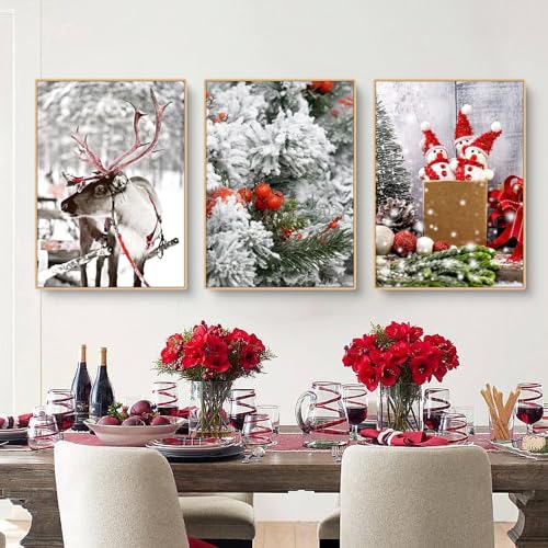 3er Premium Poster Set, Moderne Natur Winter Weihnachten Elch Holzhaus Schneelandschaft Bilder,Leinwandbilder Wanddecor für Wohnzimmer Schlafzimmer Ohne Rahmen (B,40x50cm) von Herfair