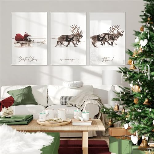 Herfair Winter Poster 3er Set Weihnachtsmann Elch Wandbilder Wohnzimmer Deko Kunstdruck Bilder Leinwand Ohne Rahmen Weihnachten Thema Wanddeko Poster (40 x 50 cm) von Herfair